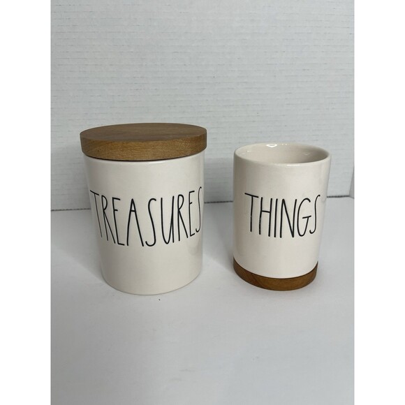 Rae Dunn Set Of 2 THINGS TREASURES Ceramic Stash Jar Container Holder Bathroom - Picture 1 of 7